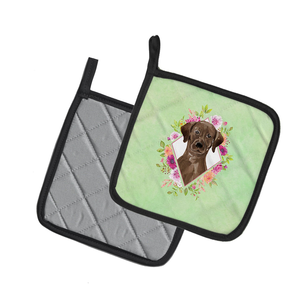 Chocolate Labrador Green Flowers Pot Holder Set of 2 Heat Resistant Quilted Hot Pads 7.5 x 7.5 Inch, Insulated Kitchen Trivets for Cooking & Baking