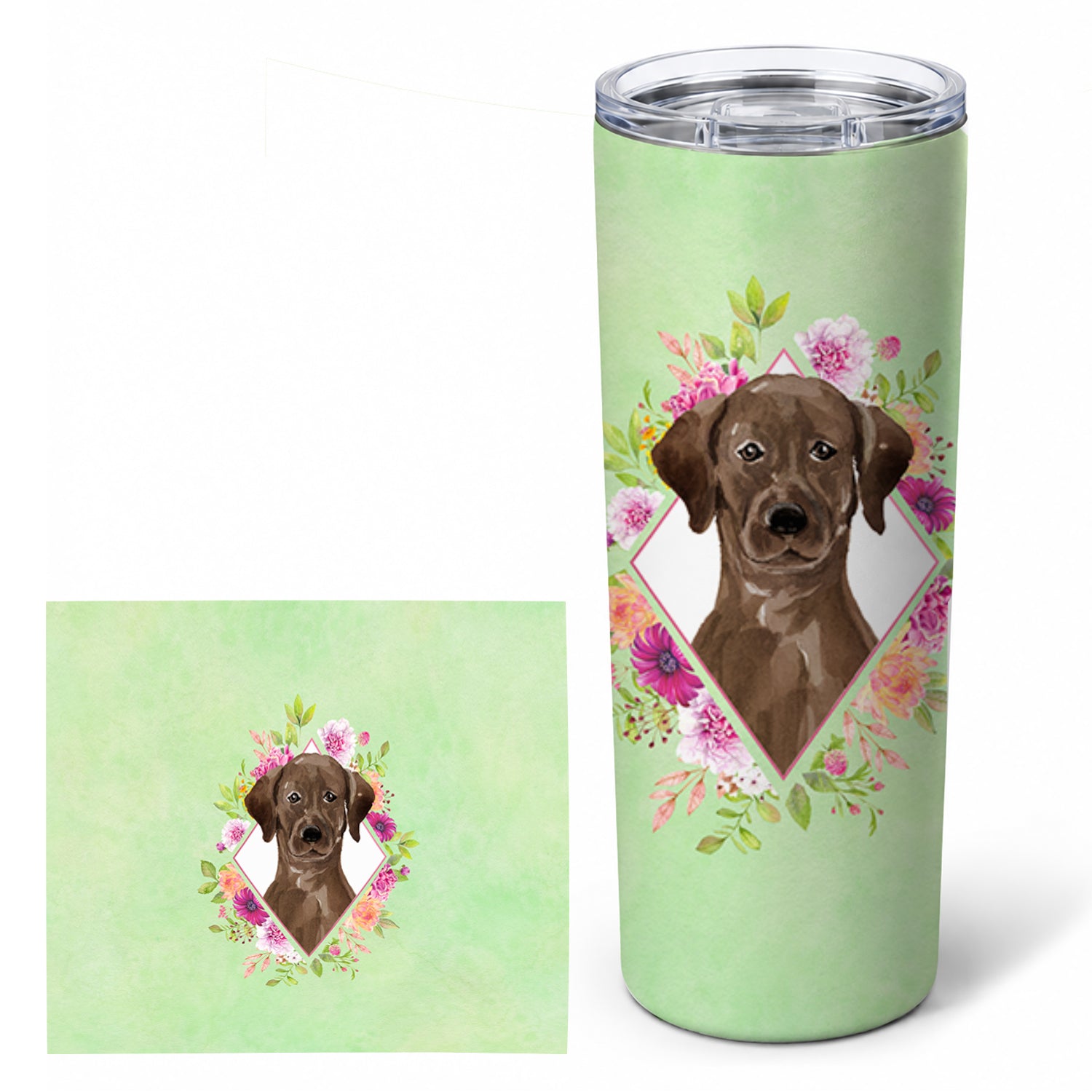 Chocolate Labrador Green Flowers Stainless Steel Skinny Tumbler 20 oz Vacuum Double Walled Reusable Insulated Travel Cup