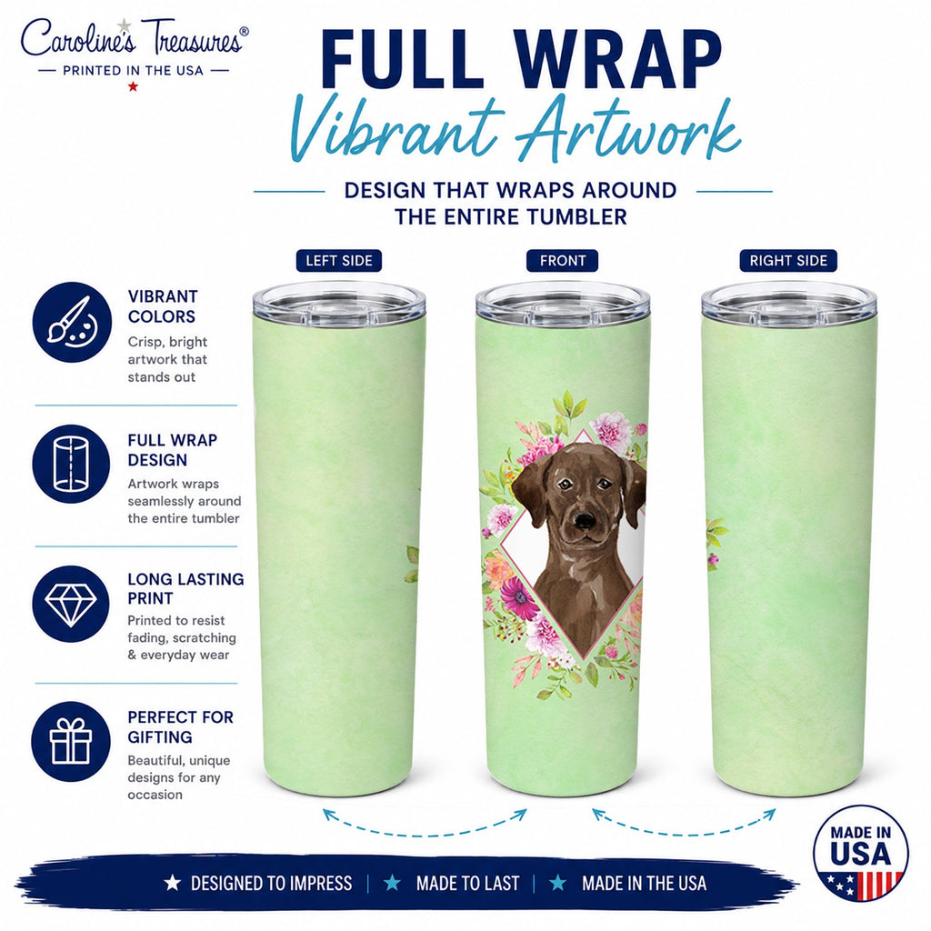 Chocolate Labrador Green Flowers Stainless Steel Skinny Tumbler 20 oz Vacuum Double Walled Reusable Insulated Travel Cup