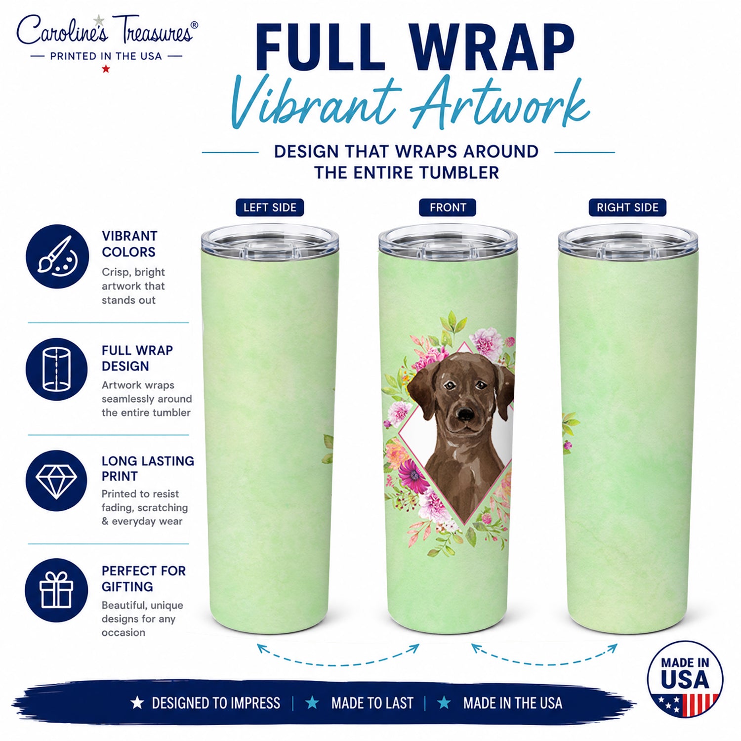 Chocolate Labrador Green Flowers Stainless Steel Skinny Tumbler 20 oz Vacuum Double Walled Reusable Insulated Travel Cup