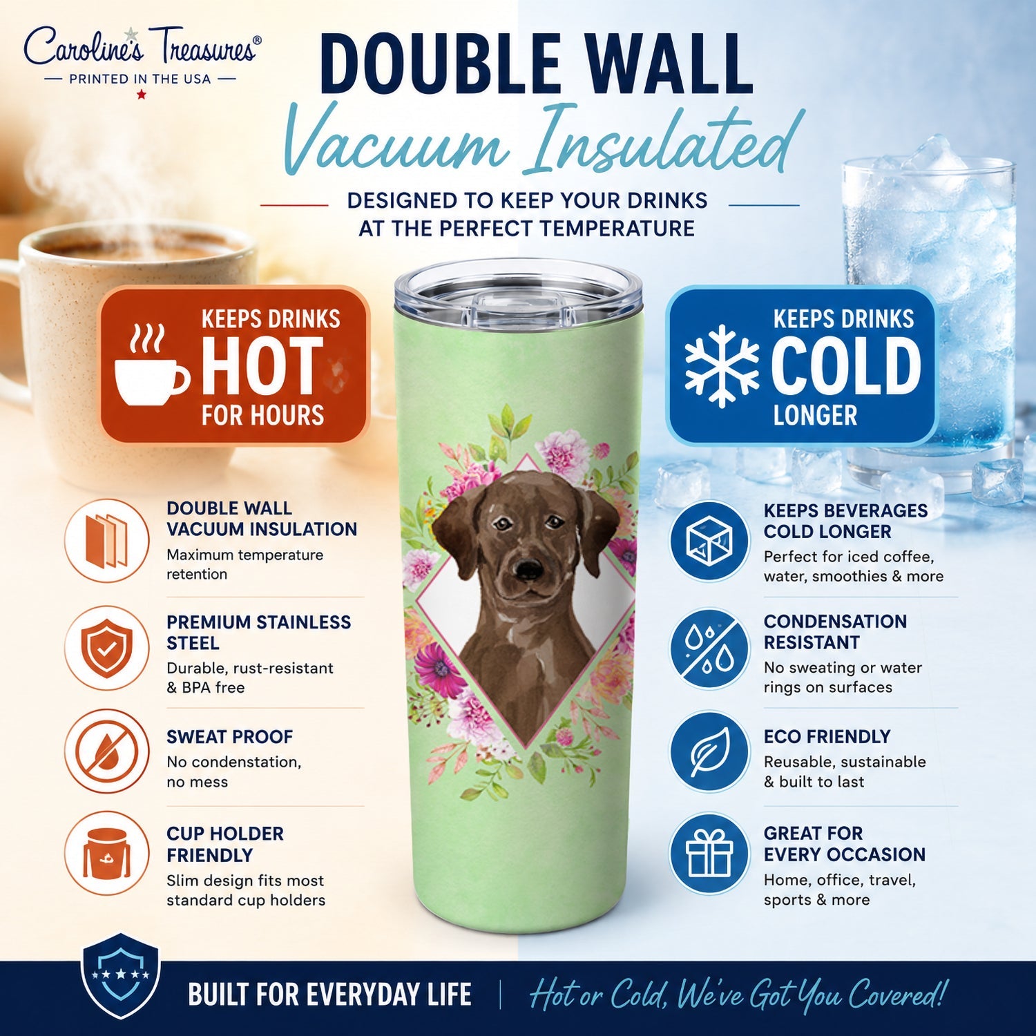 Chocolate Labrador Green Flowers Stainless Steel Skinny Tumbler 20 oz Vacuum Double Walled Reusable Insulated Travel Cup