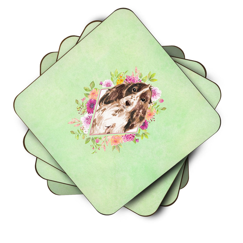 Brown Parti Cocker Spaniel Green Flowers Foam Coasters Set of 4 Cup Coasters for Indoor Outdoor, Tabletop Protection, Anti Slip, Mouse pad Material