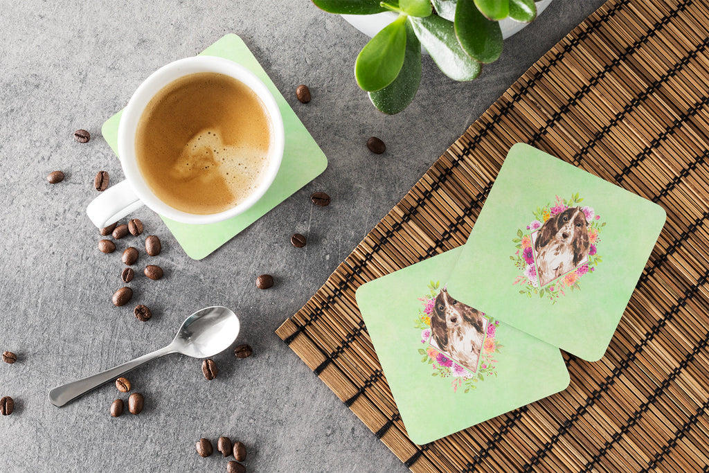 Brown Parti Cocker Spaniel Green Flowers Foam Coasters Set of 4 Cup Coasters for Indoor Outdoor, Tabletop Protection, Anti Slip, Mouse pad Material