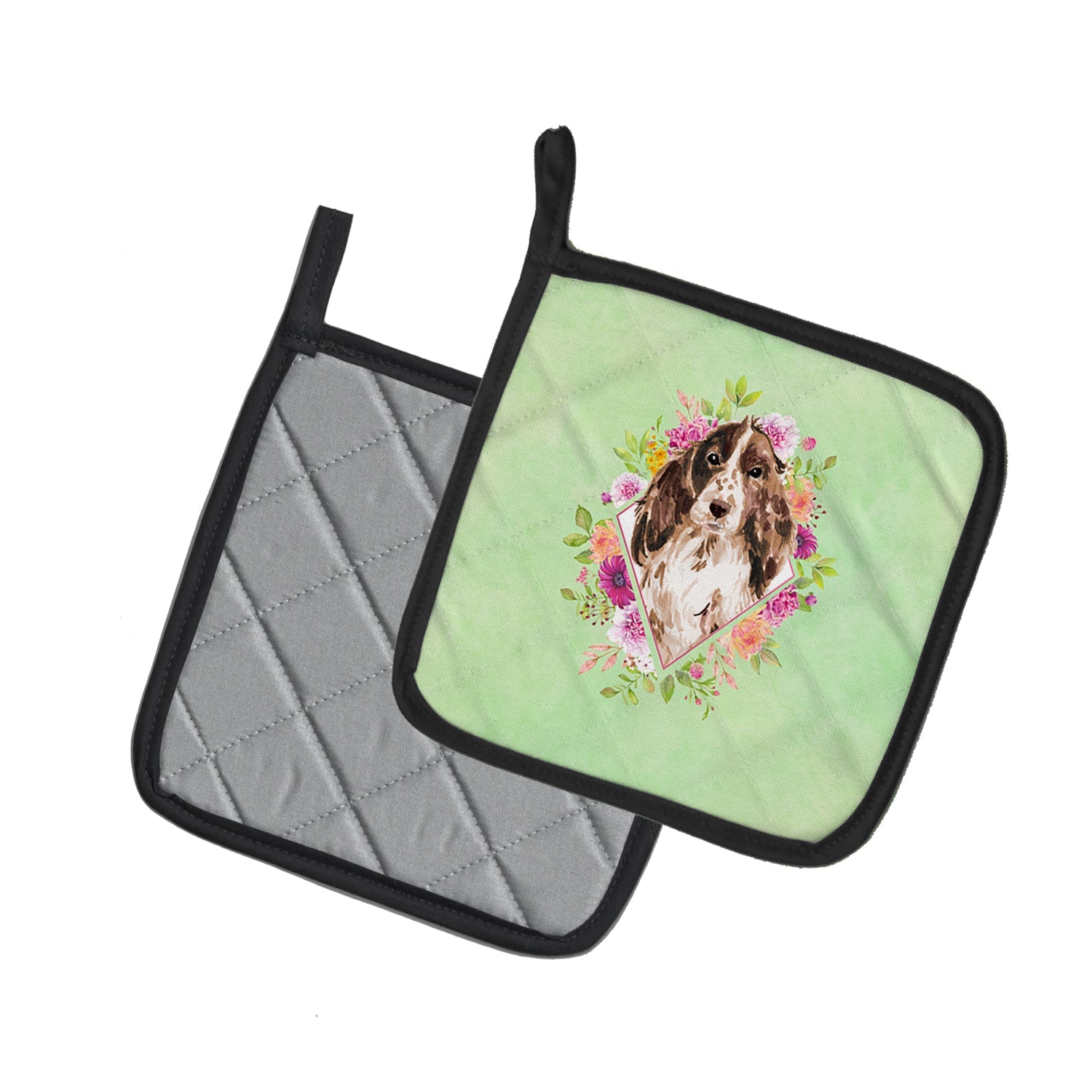 Brown Parti Cocker Spaniel Green Flowers Pot Holder Set of 2 Heat Resistant Quilted Hot Pads 7.5 x 7.5 Inch, Insulated Kitchen Trivets for Cooking & Baking