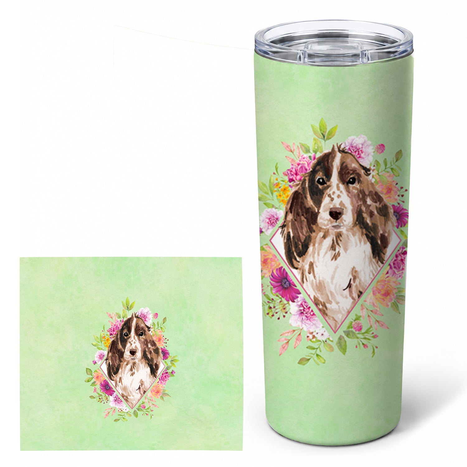 Brown Parti Cocker Spaniel Green Flowers Stainless Steel Skinny Tumbler 20 oz Vacuum Double Walled Reusable Insulated Travel Cup