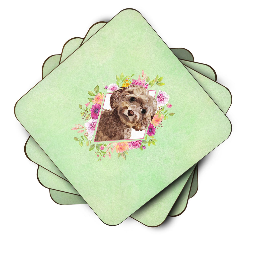 Chocolate Cockapoo Green Flowers Foam Coasters Set of 4 Cup Coasters for Indoor Outdoor, Tabletop Protection, Anti Slip, Mouse pad Material