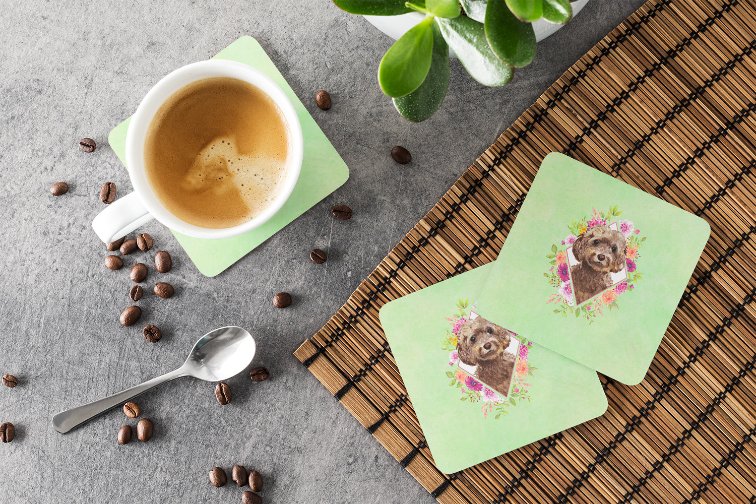 Chocolate Cockapoo Green Flowers Foam Coasters Set of 4 Cup Coasters for Indoor Outdoor, Tabletop Protection, Anti Slip, Mouse pad Material