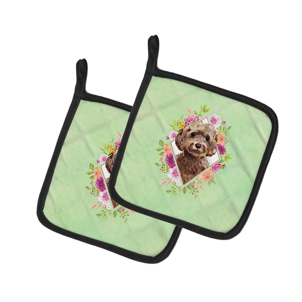 Chocolate Cockapoo Green Flowers Pot Holder Set of 2 Heat Resistant Quilted Hot Pads 7.5 x 7.5 Inch, Insulated Kitchen Trivets for Cooking & Baking