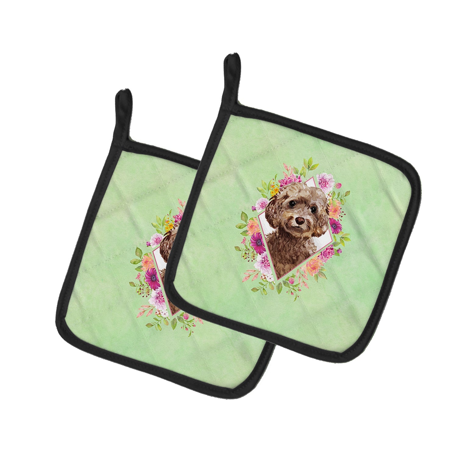 Chocolate Cockapoo Green Flowers Pot Holder Set of 2 Heat Resistant Quilted Hot Pads 7.5 x 7.5 Inch, Insulated Kitchen Trivets for Cooking & Baking
