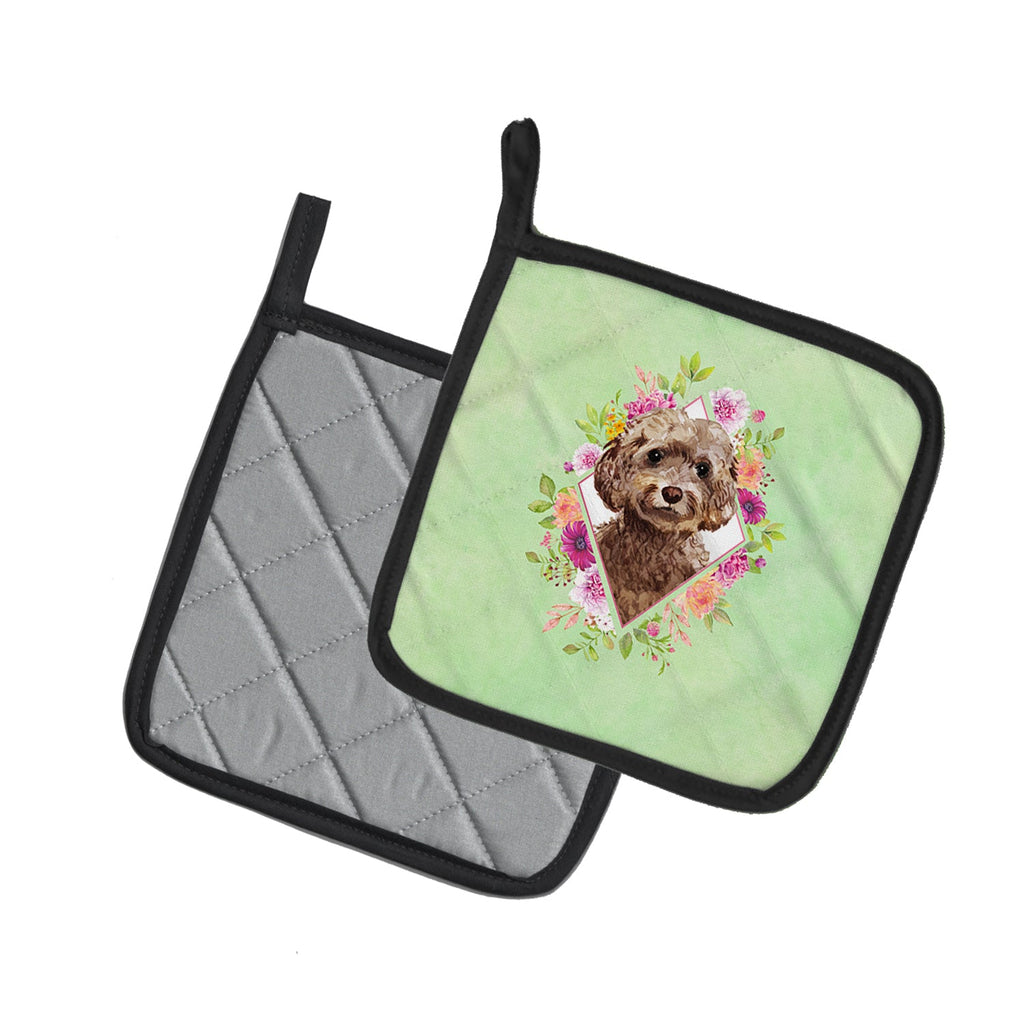 Chocolate Cockapoo Green Flowers Pot Holder Set of 2 Heat Resistant Quilted Hot Pads 7.5 x 7.5 Inch, Insulated Kitchen Trivets for Cooking & Baking
