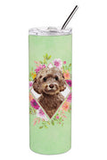 Chocolate Cockapoo Green Flowers Stainless Steel Skinny Tumbler 20 oz Vacuum Double Walled Reusable Insulated Travel Cup