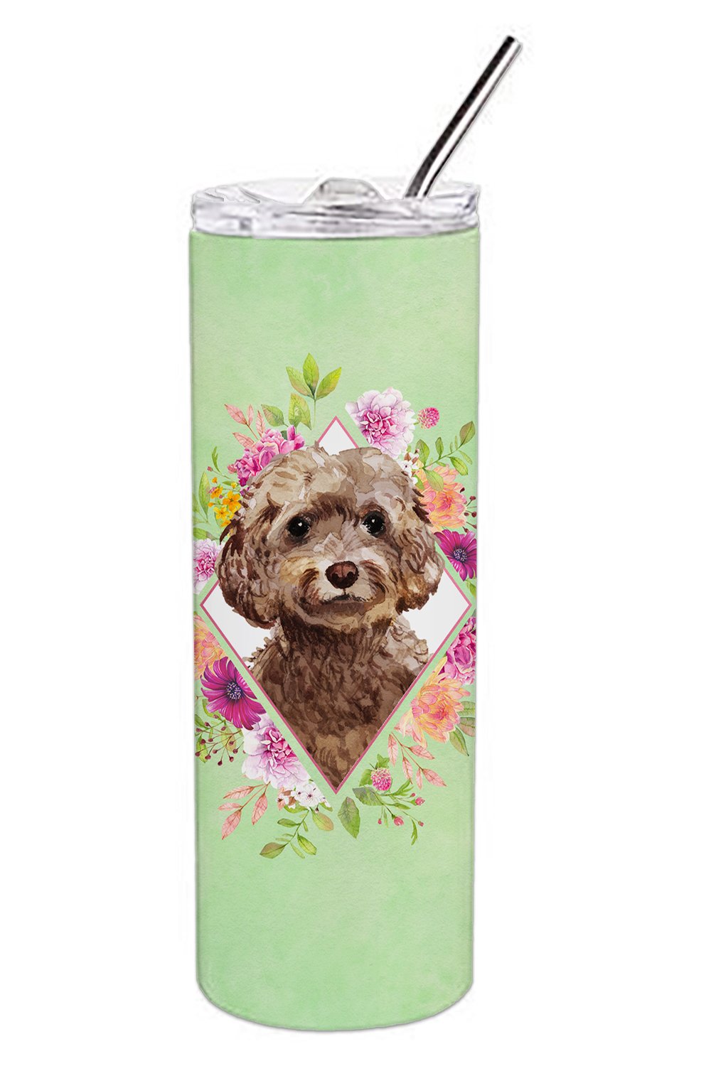 Chocolate Cockapoo Green Flowers Stainless Steel Skinny Tumbler 20 oz Vacuum Double Walled Reusable Insulated Travel Cup