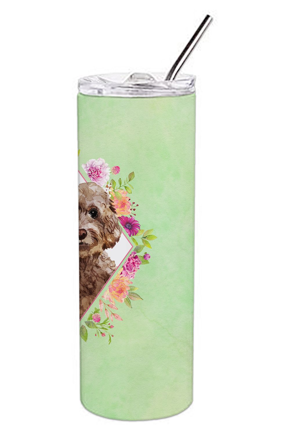 Chocolate Cockapoo Green Flowers Stainless Steel Skinny Tumbler 20 oz Vacuum Double Walled Reusable Insulated Travel Cup