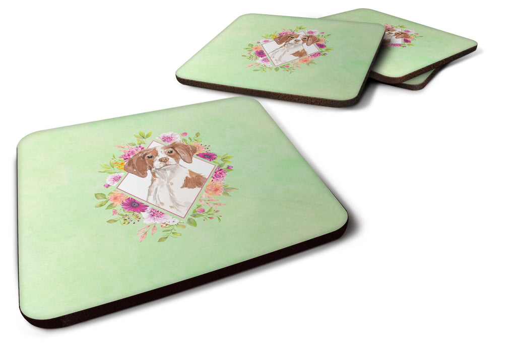 Brittany Spaniel Green Flowers Foam Coasters Set of 4 Cup Coasters for Indoor Outdoor, Tabletop Protection, Anti Slip, Mouse pad Material