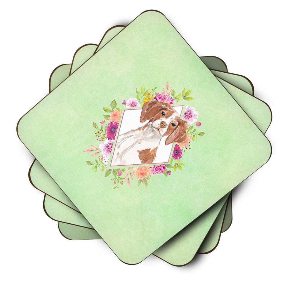 Brittany Spaniel Green Flowers Foam Coasters Set of 4 Cup Coasters for Indoor Outdoor, Tabletop Protection, Anti Slip, Mouse pad Material