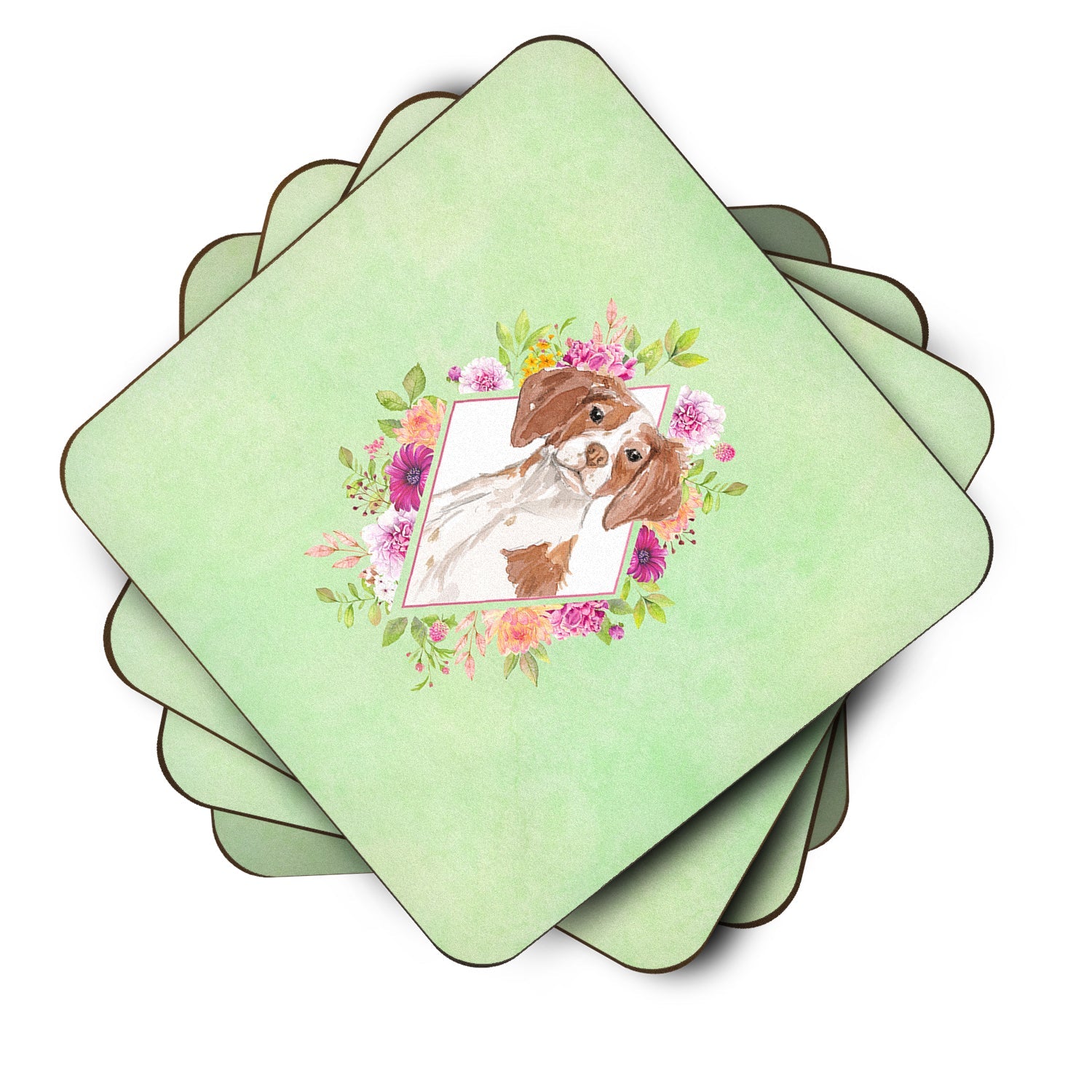 Brittany Spaniel Green Flowers Foam Coasters Set of 4 Cup Coasters for Indoor Outdoor, Tabletop Protection, Anti Slip, Mouse pad Material