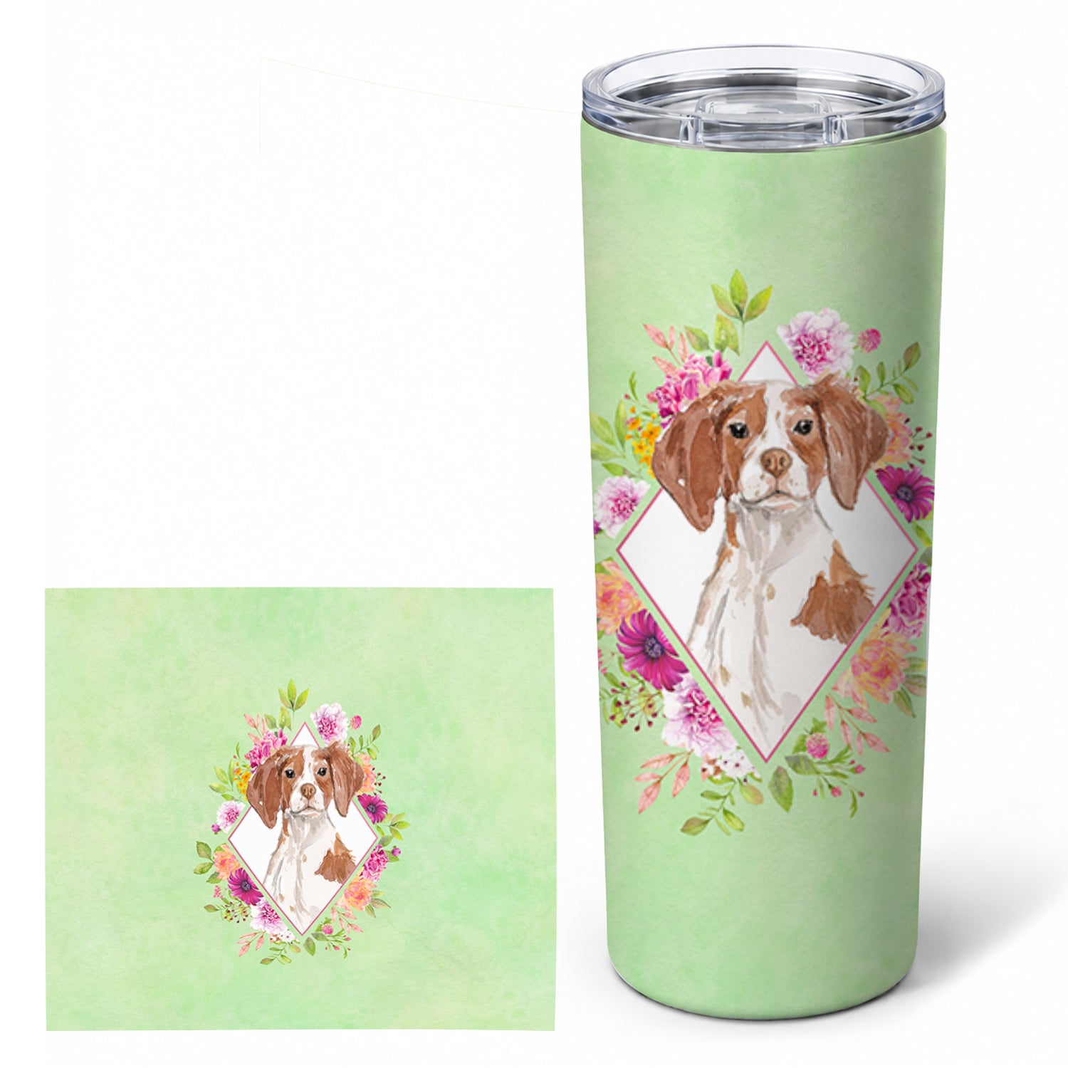 Brittany Spaniel Green Flowers Stainless Steel Skinny Tumbler 20 oz Vacuum Double Walled Reusable Insulated Travel Cup
