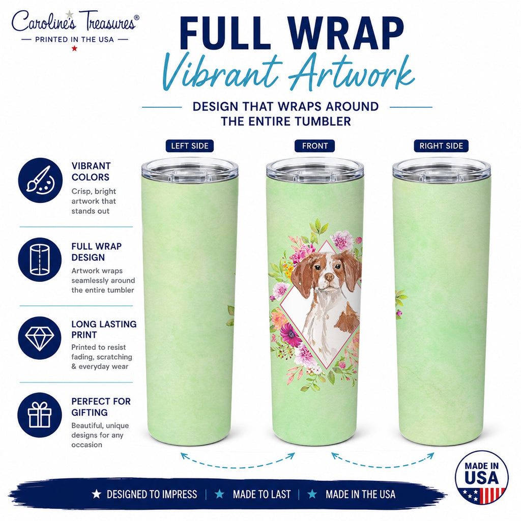 Brittany Spaniel Green Flowers Stainless Steel Skinny Tumbler 20 oz Vacuum Double Walled Reusable Insulated Travel Cup
