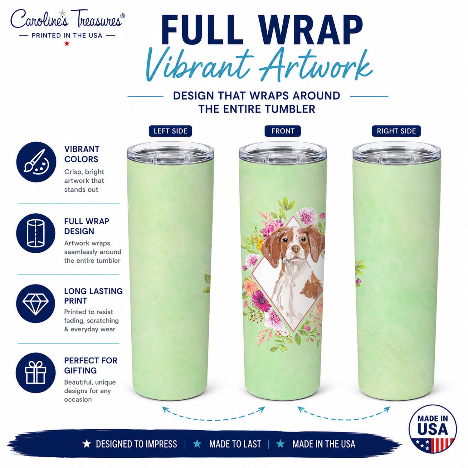 Brittany Spaniel Green Flowers Stainless Steel Skinny Tumbler 20 oz Vacuum Double Walled Reusable Insulated Travel Cup