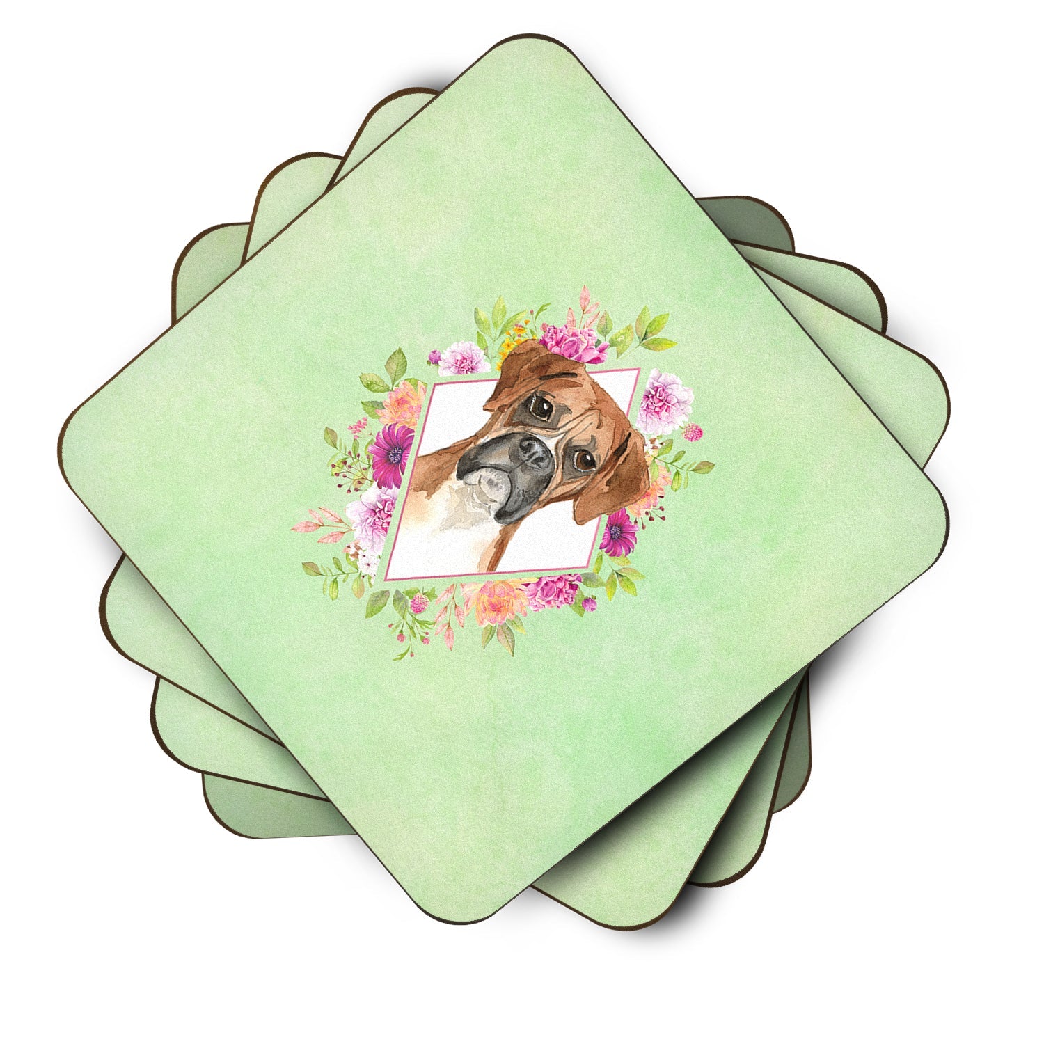 Boxer Green Flowers Foam Coasters Set of 4 Cup Coasters for Indoor Outdoor, Tabletop Protection, Anti Slip, Mouse pad Material