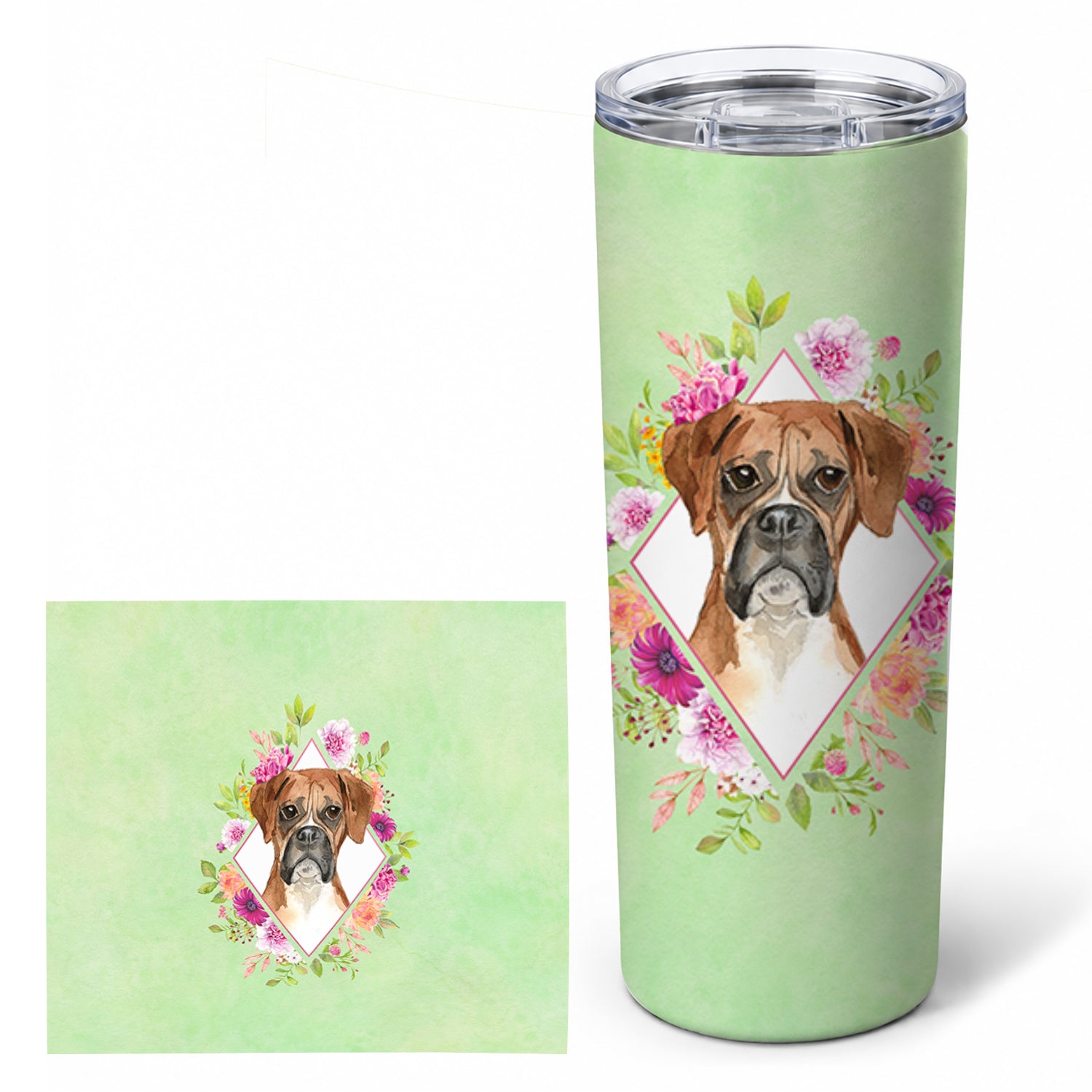 Boxer Green Flowers Stainless Steel Skinny Tumbler 20 oz Vacuum Double Walled Reusable Insulated Travel Cup