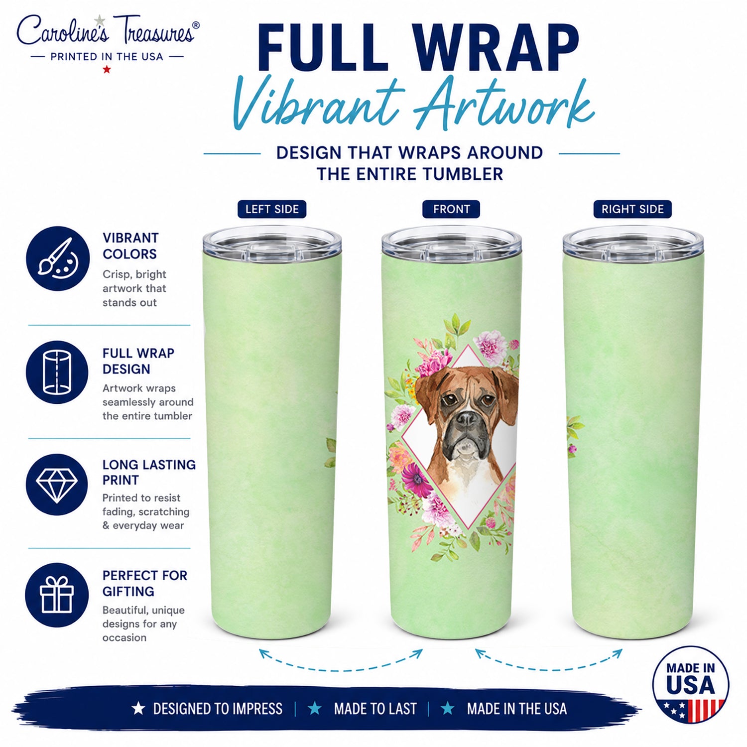Boxer Green Flowers Stainless Steel Skinny Tumbler 20 oz Vacuum Double Walled Reusable Insulated Travel Cup