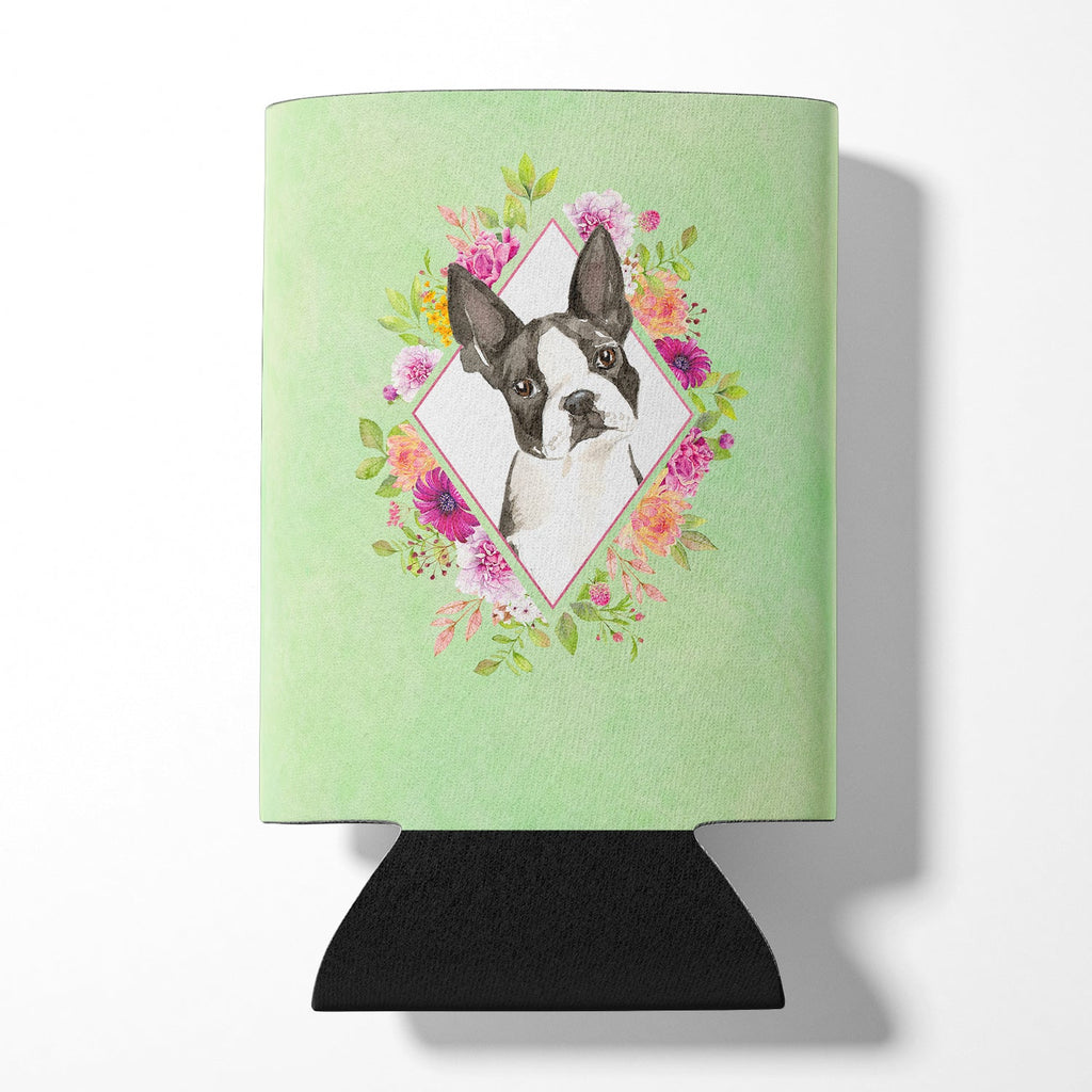 Boston Terrier Green Flowers Can or Bottle Hugger Cooler Sleeve for Standard 12 oz Cans, Insulated Foam Beer & Soda Can Hugger Reusable