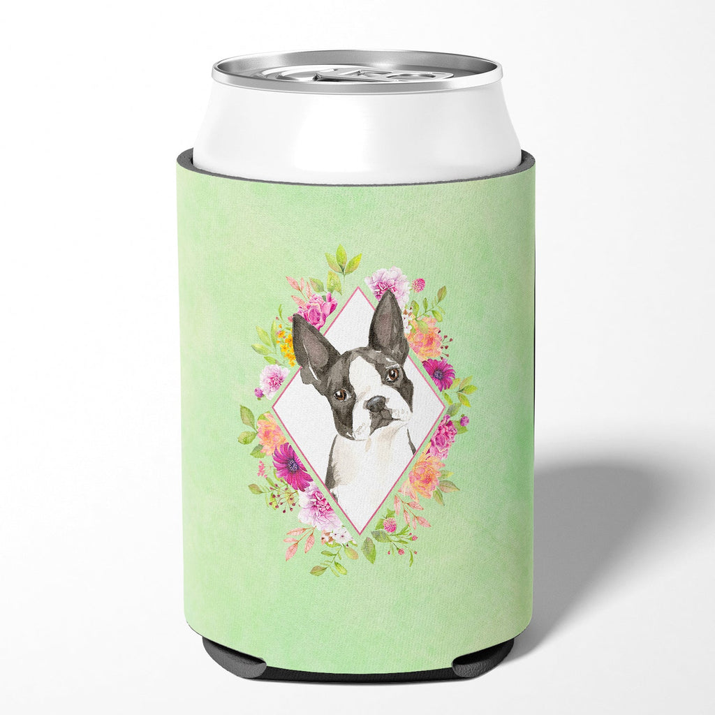 Boston Terrier Green Flowers Can or Bottle Hugger Cooler Sleeve for Standard 12 oz Cans, Insulated Foam Beer & Soda Can Hugger Reusable