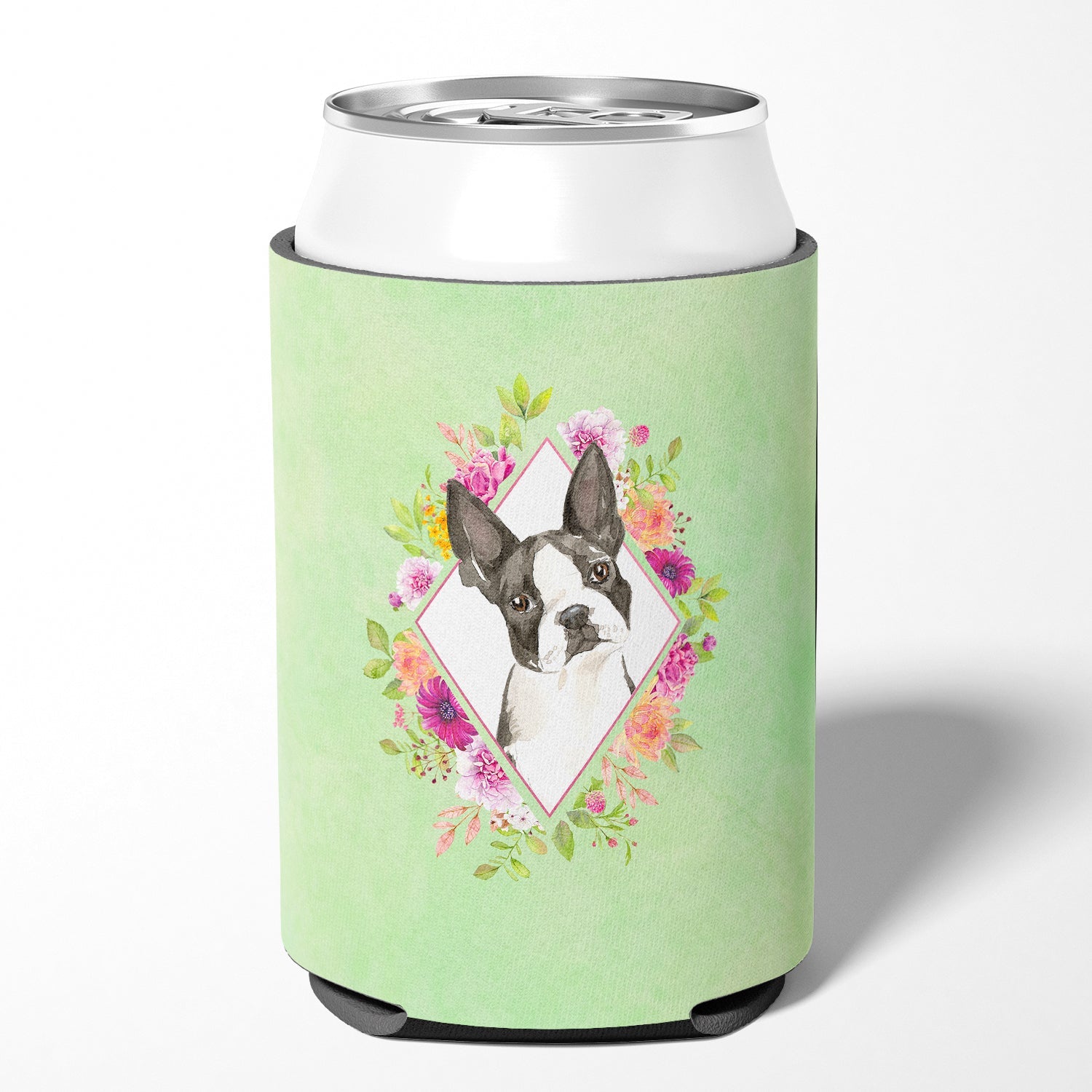 Boston Terrier Green Flowers Can or Bottle Hugger Cooler Sleeve for Standard 12 oz Cans, Insulated Foam Beer & Soda Can Hugger Reusable