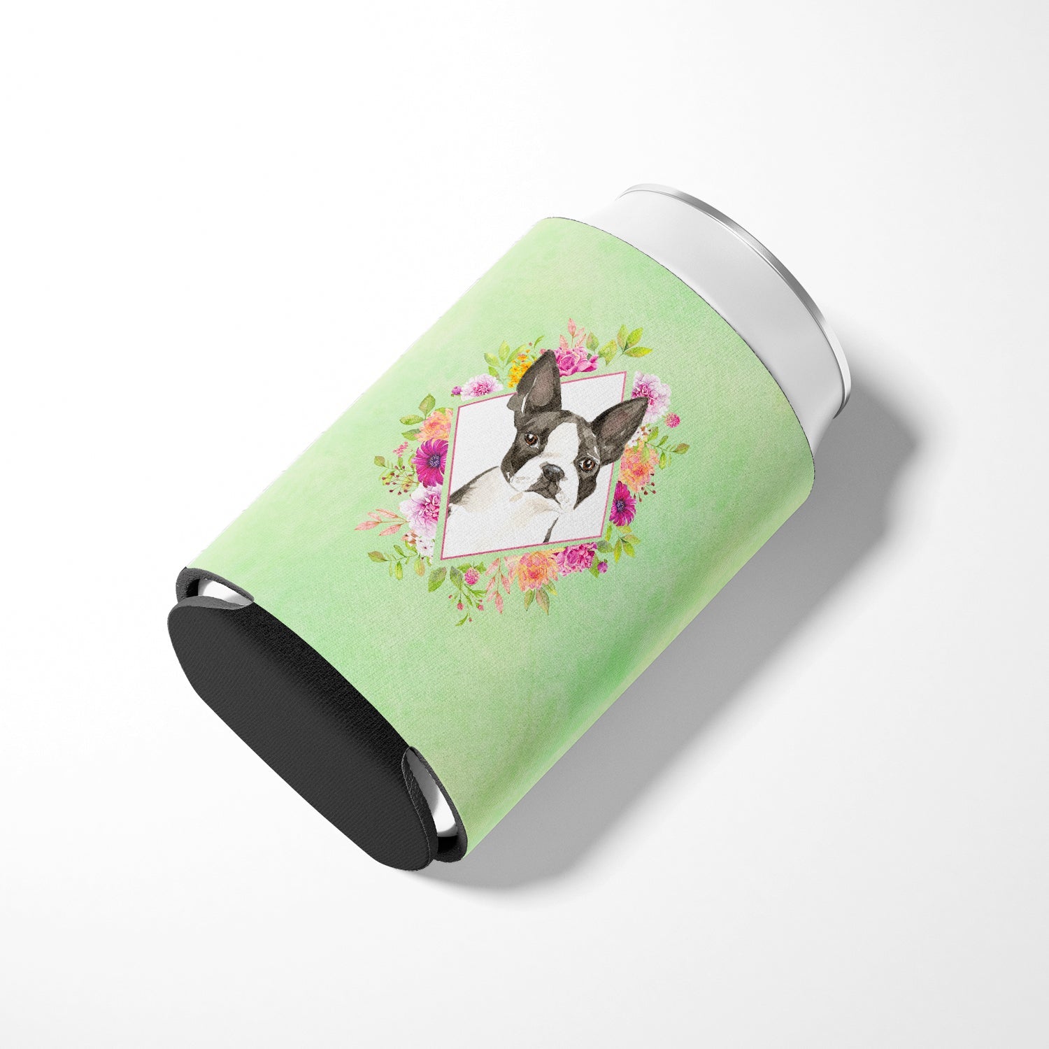 Boston Terrier Green Flowers Can or Bottle Hugger Cooler Sleeve for Standard 12 oz Cans, Insulated Foam Beer & Soda Can Hugger Reusable