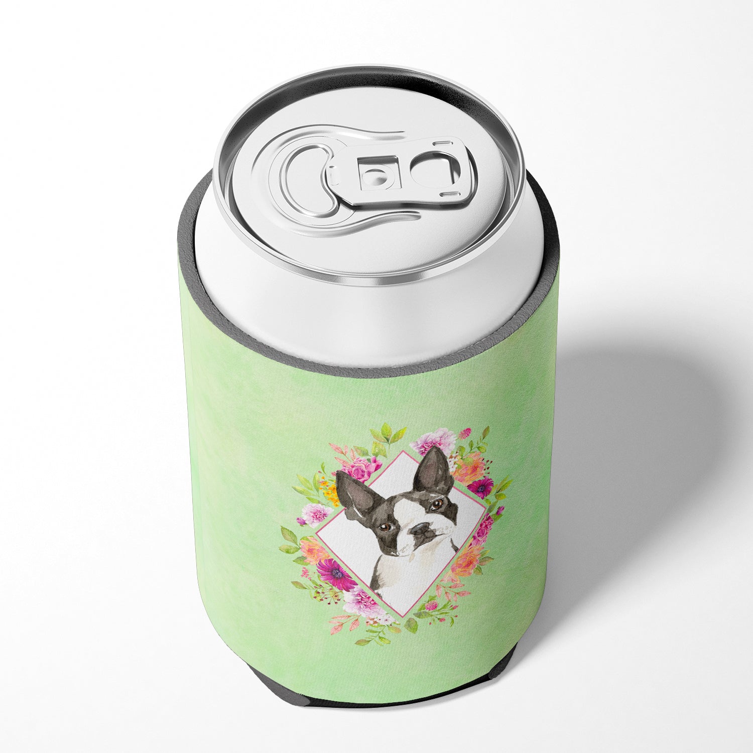 Boston Terrier Green Flowers Can or Bottle Hugger Cooler Sleeve for Standard 12 oz Cans, Insulated Foam Beer & Soda Can Hugger Reusable