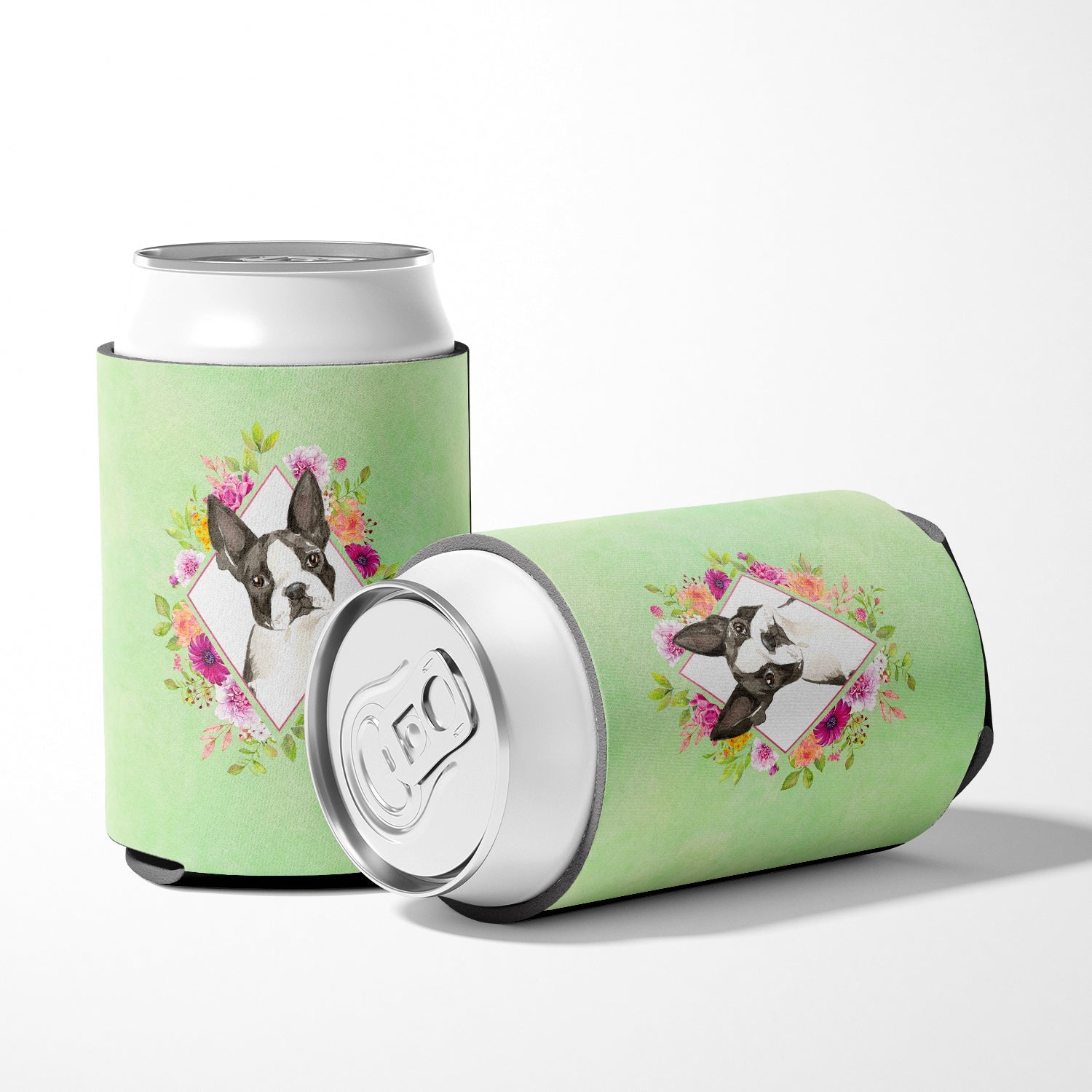 Boston Terrier Green Flowers Can or Bottle Hugger Cooler Sleeve for Standard 12 oz Cans, Insulated Foam Beer & Soda Can Hugger Reusable
