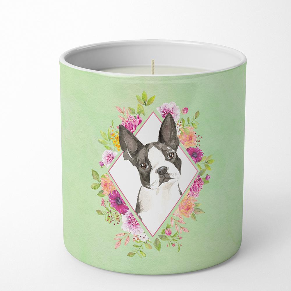 Boston Terrier Green Flowers Decorative Soy Candle Nature Soy Wax Essential Oil Home Decor Ideal for Bedroom Kitchen Bath Office Gift, 10 oz