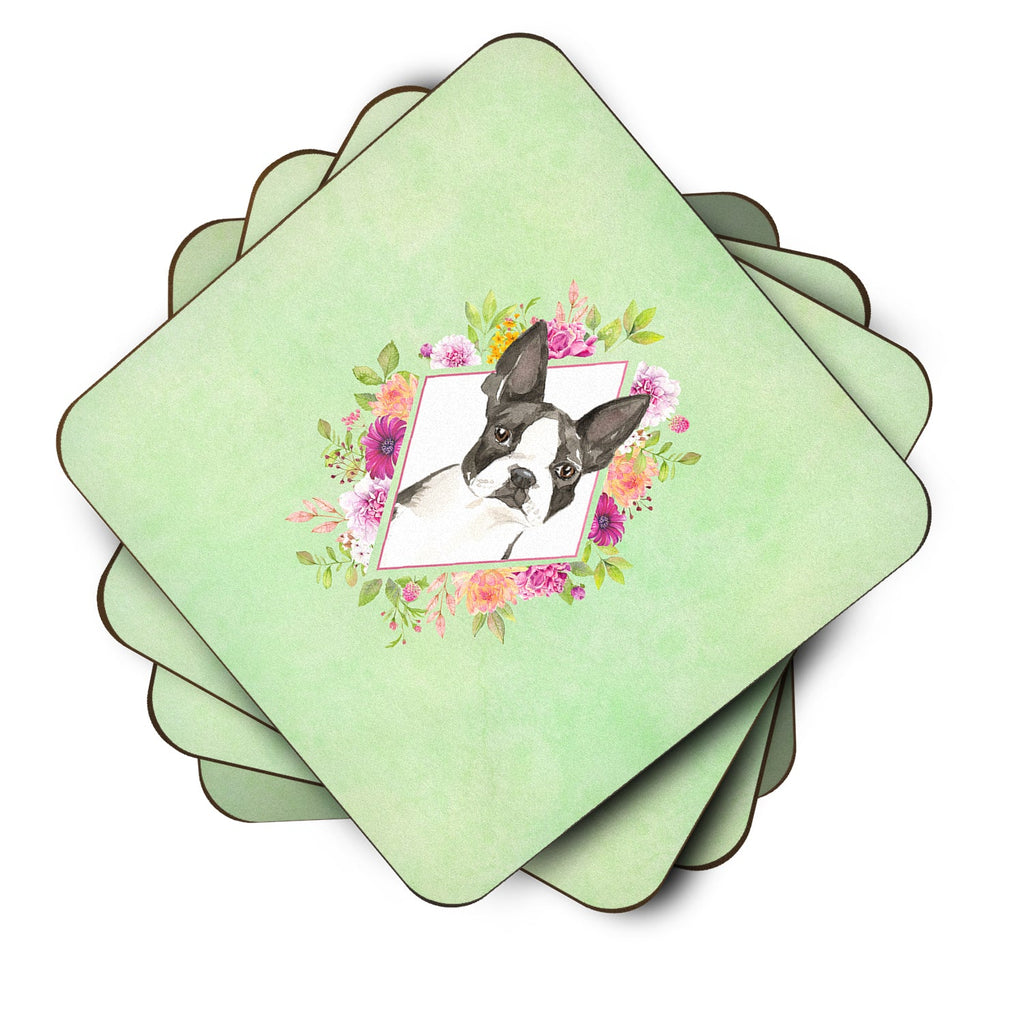 Boston Terrier Green Flowers Foam Coasters Set of 4 Cup Coasters for Indoor Outdoor, Tabletop Protection, Anti Slip, Mouse pad Material