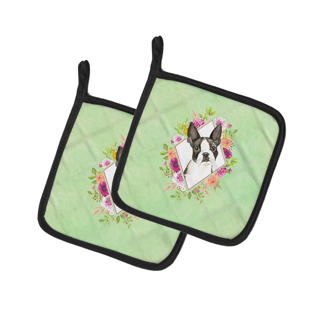 Boston Terrier Green Flowers Pot Holder Set of 2 Heat Resistant Quilted Hot Pads 7.5 x 7.5 Inch, Insulated Kitchen Trivets for Cooking & Baking
