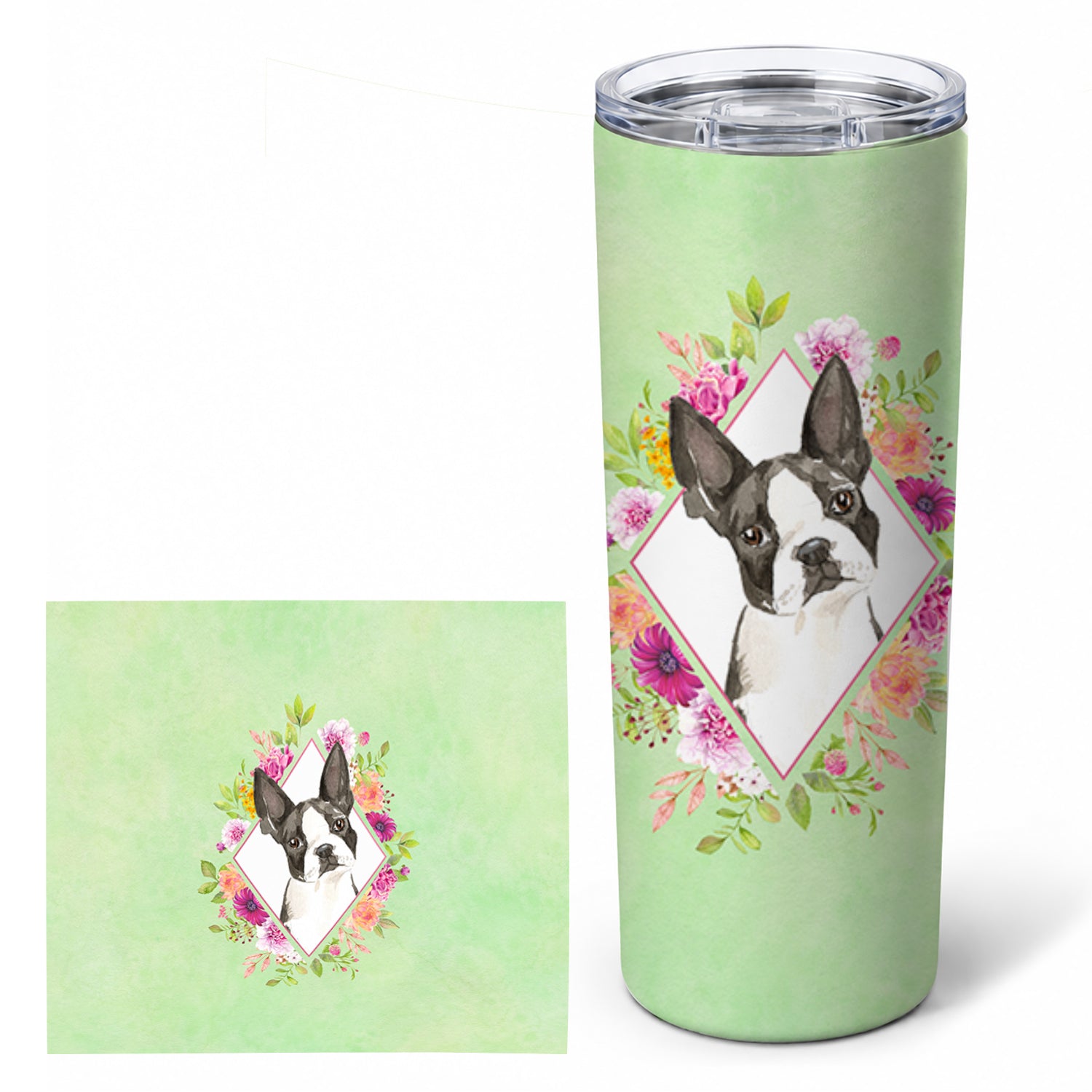 Boston Terrier Green Flowers Stainless Steel Skinny Tumbler 20 oz Vacuum Double Walled Reusable Insulated Travel Cup