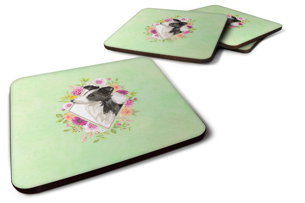 Border Collie Green Flowers Foam Coasters Set of 4 Cup Coasters for Indoor Outdoor, Tabletop Protection, Anti Slip, Mouse pad Material