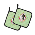 Border Collie Green Flowers Pot Holder Set of 2 Heat Resistant Quilted Hot Pads 7.5 x 7.5 Inch, Insulated Kitchen Trivets for Cooking & Baking