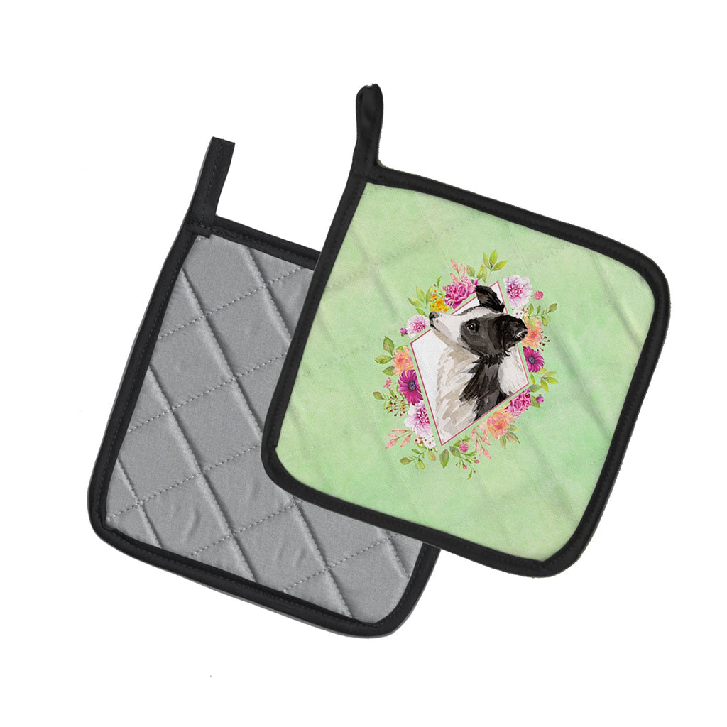 Border Collie Green Flowers Pot Holder Set of 2 Heat Resistant Quilted Hot Pads 7.5 x 7.5 Inch, Insulated Kitchen Trivets for Cooking & Baking