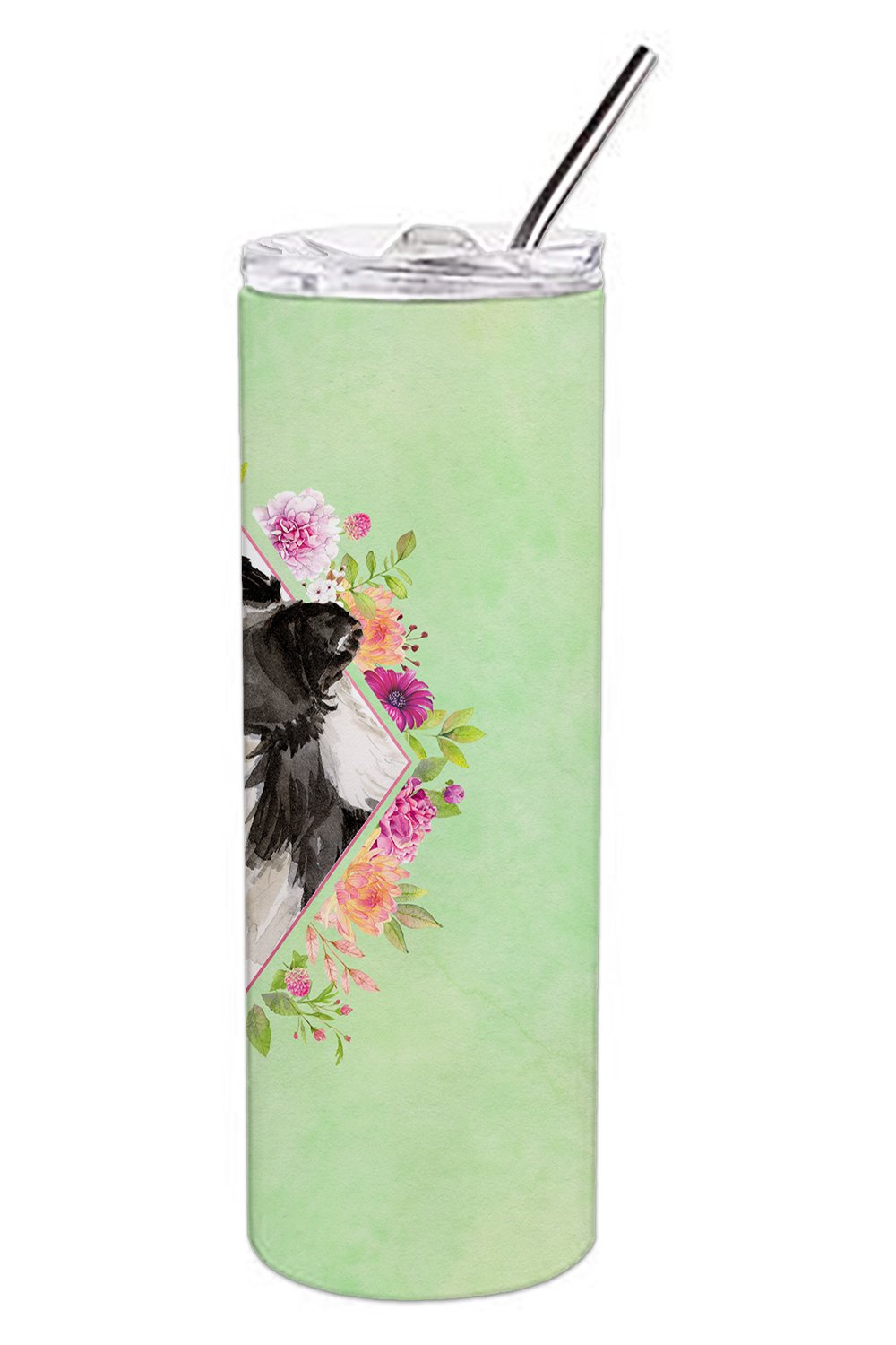 Border Collie Green Flowers Stainless Steel Skinny Tumbler 20 oz Vacuum Double Walled Reusable Insulated Travel Cup
