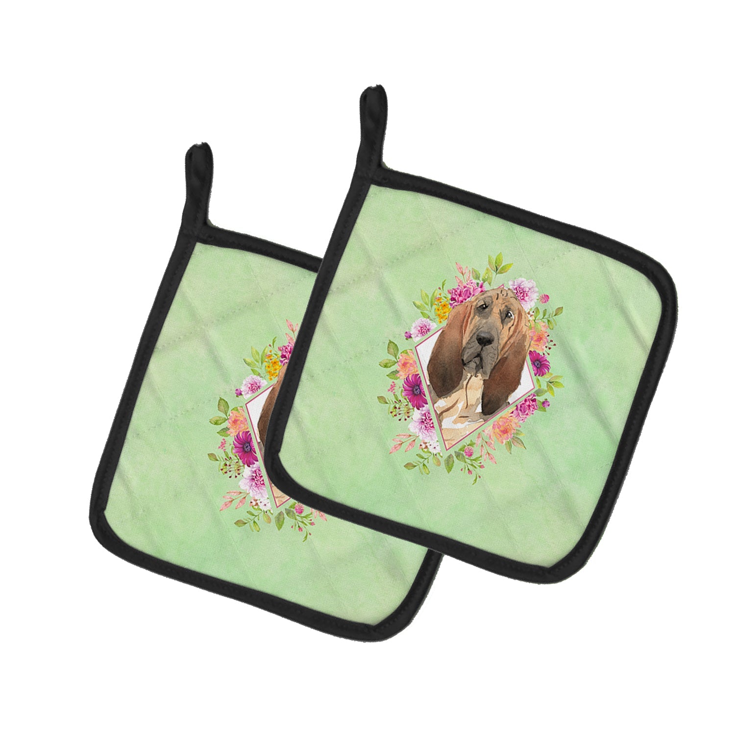 Bloodhound Green Flowers Pot Holder Set of 2 Heat Resistant Quilted Hot Pads 7.5 x 7.5 Inch, Insulated Kitchen Trivets for Cooking & Baking