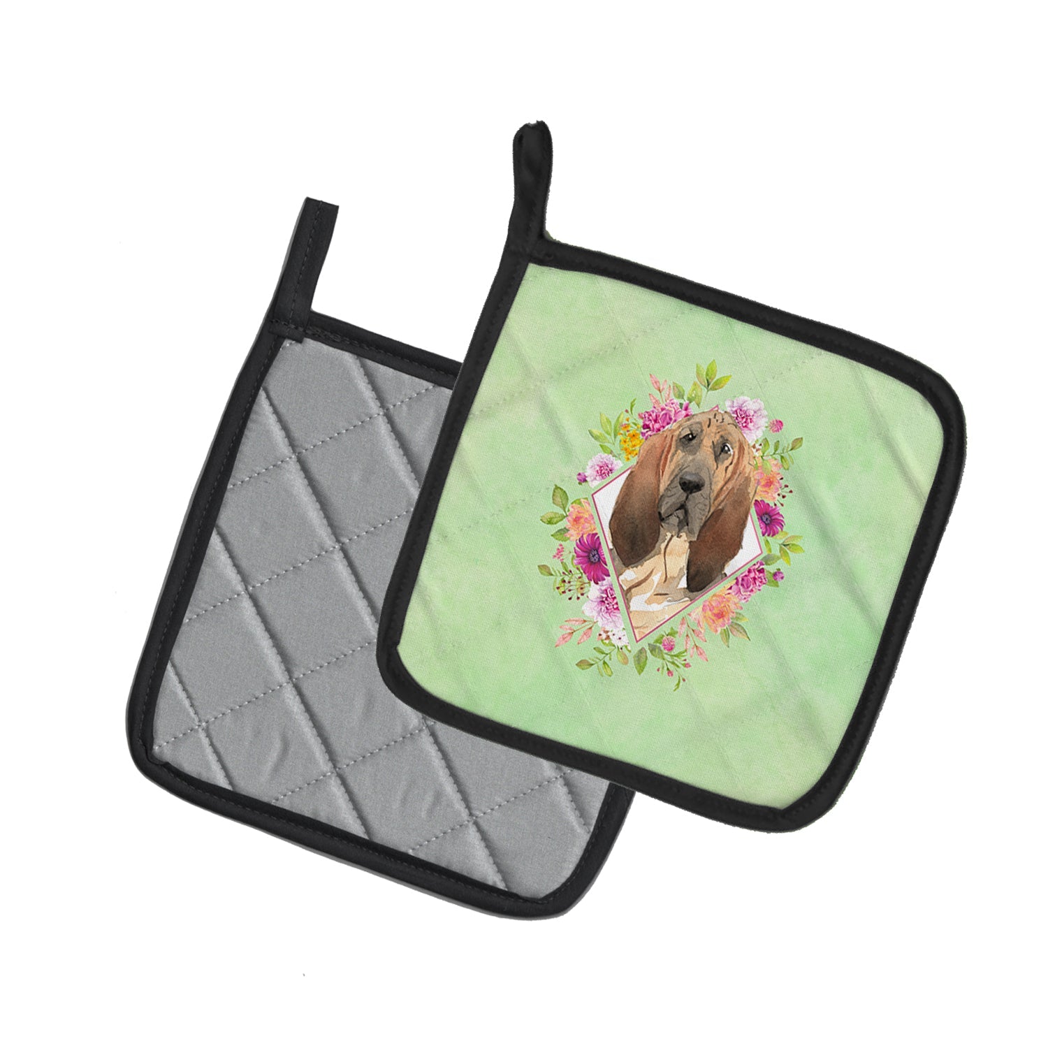 Bloodhound Green Flowers Pot Holder Set of 2 Heat Resistant Quilted Hot Pads 7.5 x 7.5 Inch, Insulated Kitchen Trivets for Cooking & Baking