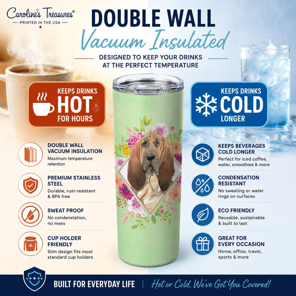 Bloodhound Green Flowers Stainless Steel Skinny Tumbler 20 oz Vacuum Double Walled Reusable Insulated Travel Cup