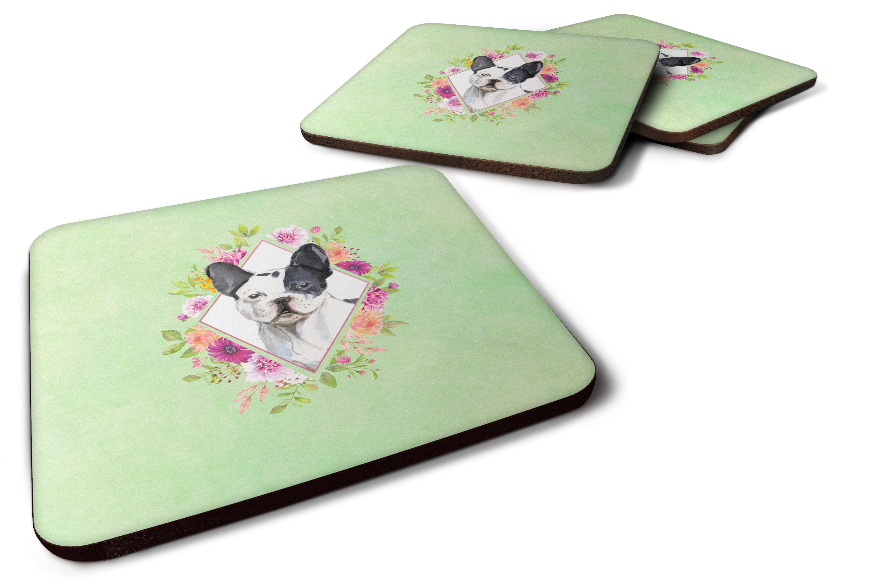 Black and White Frenchie Green Flowers Foam Coasters Set of 4 Cup Coasters for Indoor Outdoor, Tabletop Protection, Anti Slip, Mouse pad Material