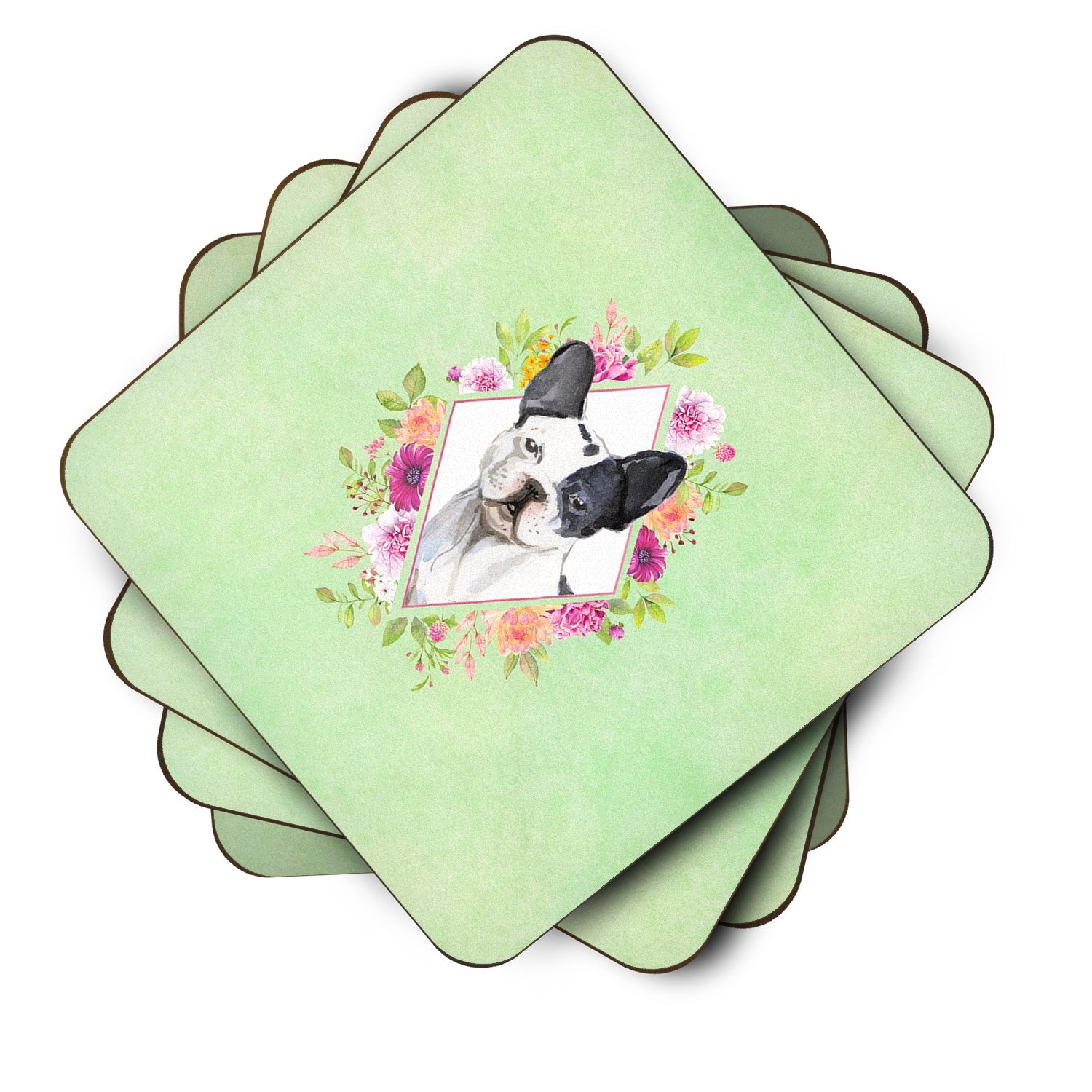 Black and White Frenchie Green Flowers Foam Coasters Set of 4 Cup Coasters for Indoor Outdoor, Tabletop Protection, Anti Slip, Mouse pad Material
