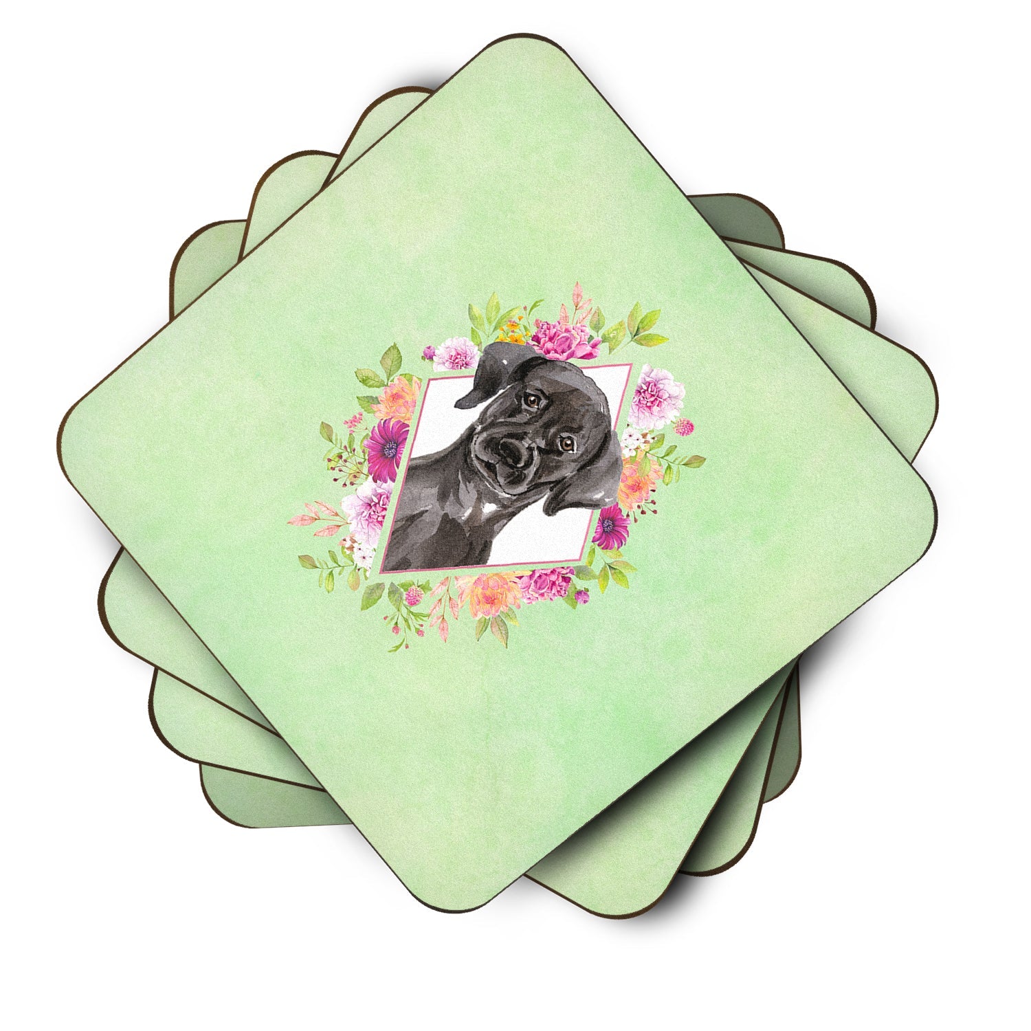 Black Labrador Green Flowers Foam Coasters Set of 4 Cup Coasters for Indoor Outdoor, Tabletop Protection, Anti Slip, Mouse pad Material