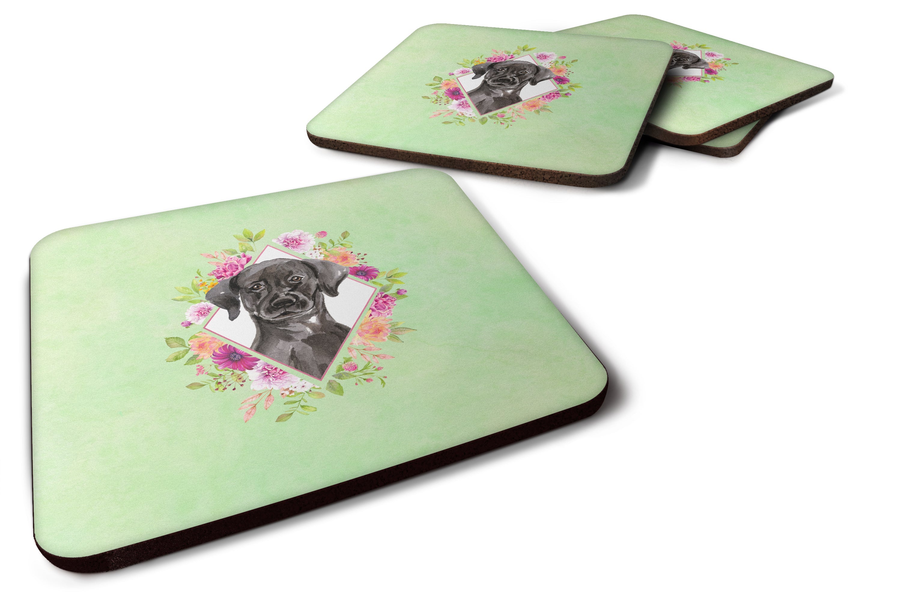 Black Labrador Green Flowers Foam Coasters Set of 4 Cup Coasters for Indoor Outdoor, Tabletop Protection, Anti Slip, Mouse pad Material