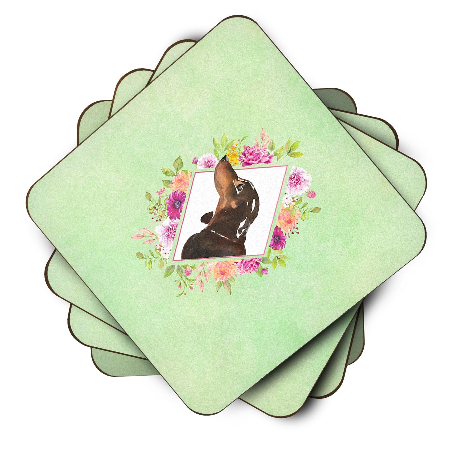 Black and Tan Dachshund Green Flowers Foam Coasters Set of 4 Cup Coasters for Indoor Outdoor, Tabletop Protection, Anti Slip, Mouse pad Material