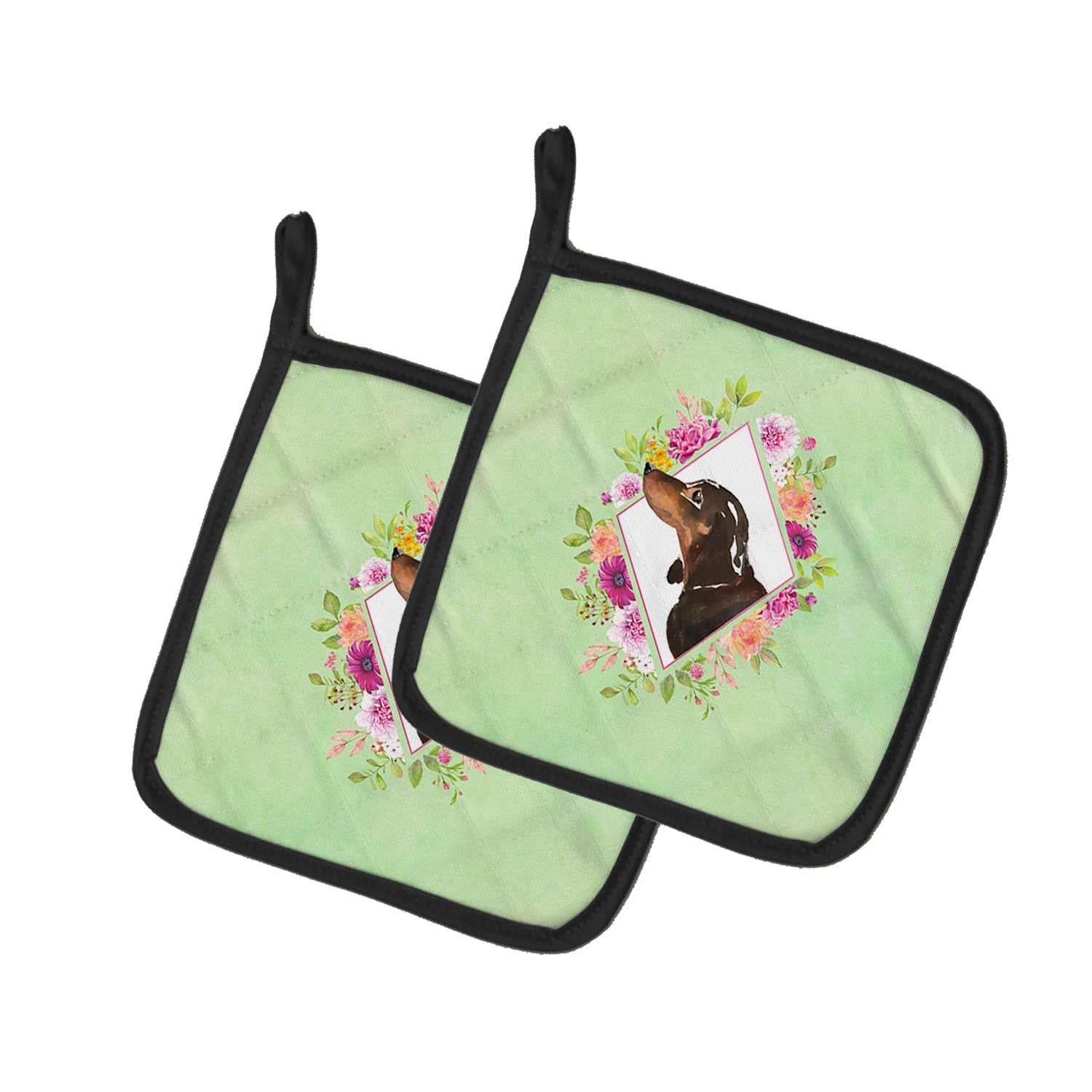 Black and Tan Dachshund Green Flowers Pot Holder Set of 2 Heat Resistant Quilted Hot Pads 7.5 x 7.5 Inch, Insulated Kitchen Trivets for Cooking & Baking