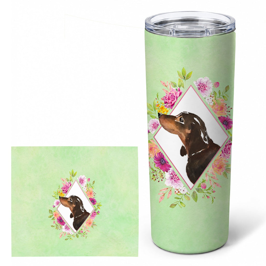 Black and Tan Dachshund Green Flowers Stainless Steel Skinny Tumbler 20 oz Vacuum Double Walled Reusable Insulated Travel Cup